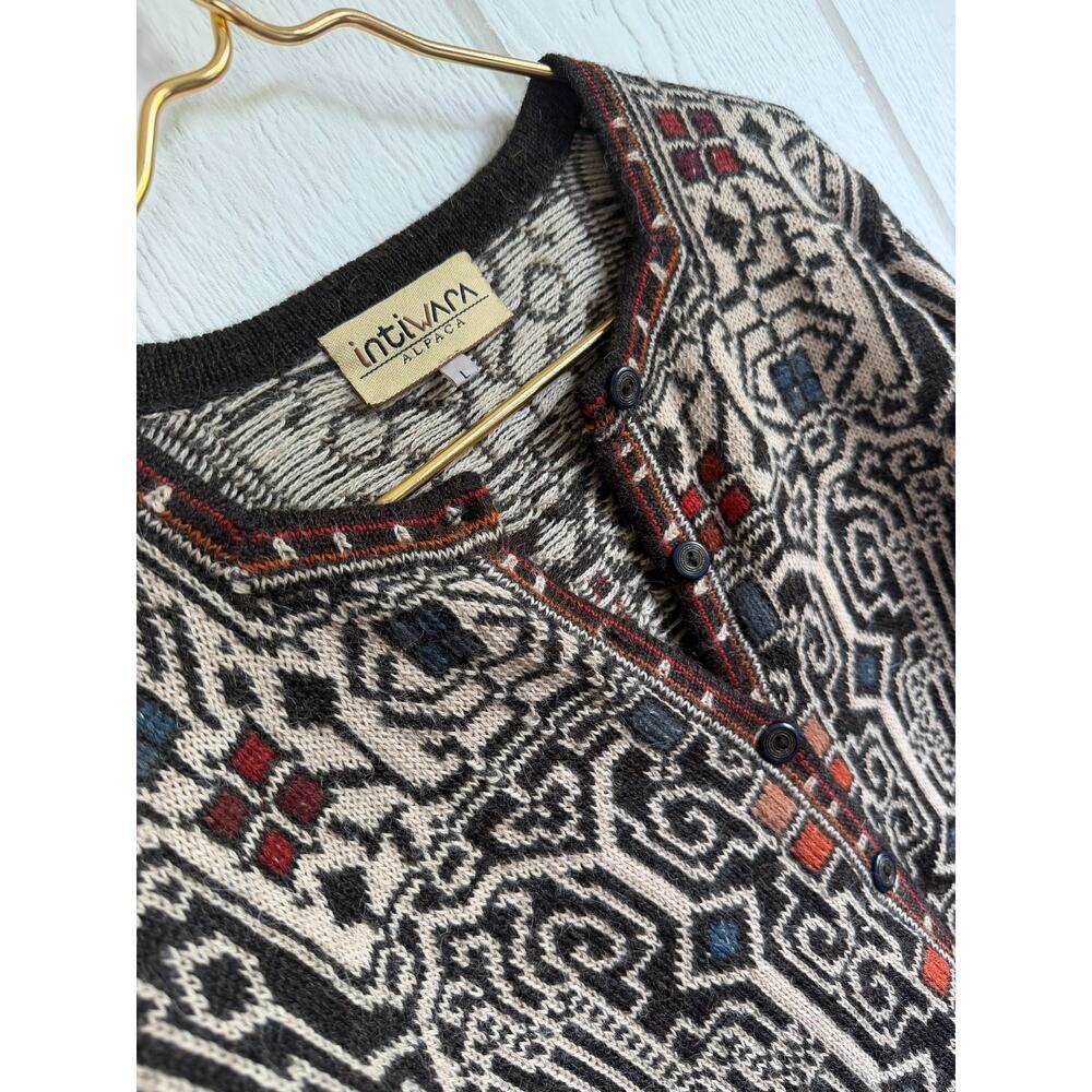 Vintage Intiwara Alpaca Wool Handmade Cardigan Sweater Print Large - Picture 4 of 7